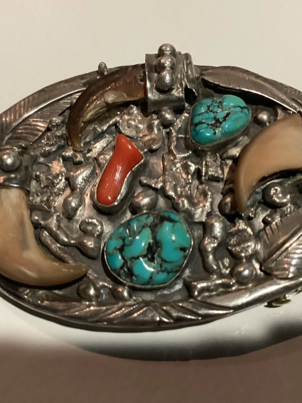 BEAR Claw BELT BUCKLE. OLD PAWN ? CORAL TURQUOISE. SIGNED “SC”